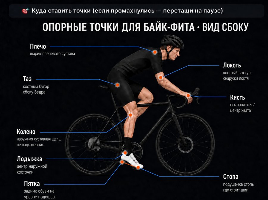 Опорные точки для байк-фита: плечо, локоть, кисть, таз, колено, лодыжка, стопа